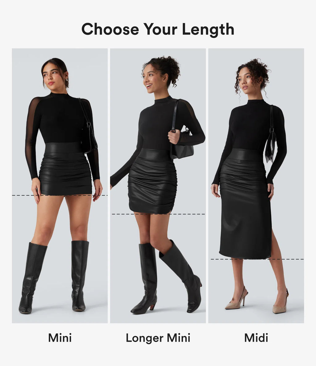 High-Waisted Tummy Control Ruched 2-in-1 PU Mini Bodycon Skirt