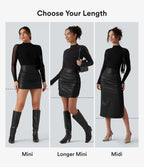High-Waisted Tummy Control Ruched 2-in-1 PU Mini Bodycon Skirt