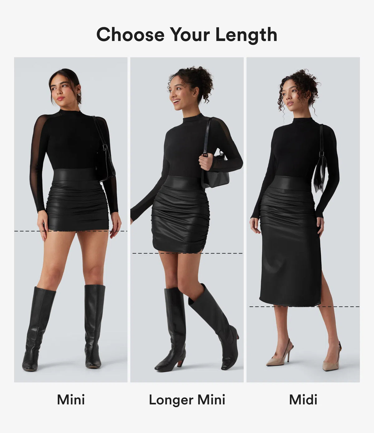 High-Waisted Tummy Control Ruched 2-in-1 PU Mini Bodycon Skirt