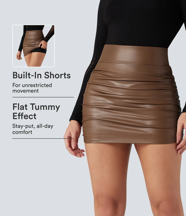 High-Waisted Tummy Control Ruched 2-in-1 PU Mini Bodycon Skirt