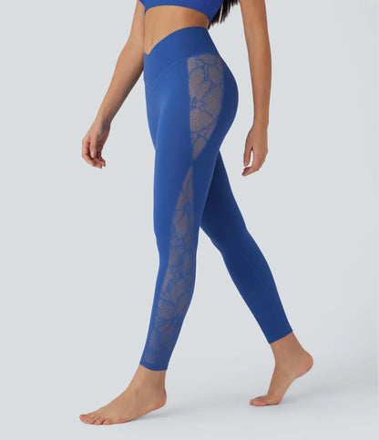 SoftlyZero™ High Waisted Crossover Contrast Lace Pocket Yoga Leggings-UPF50+