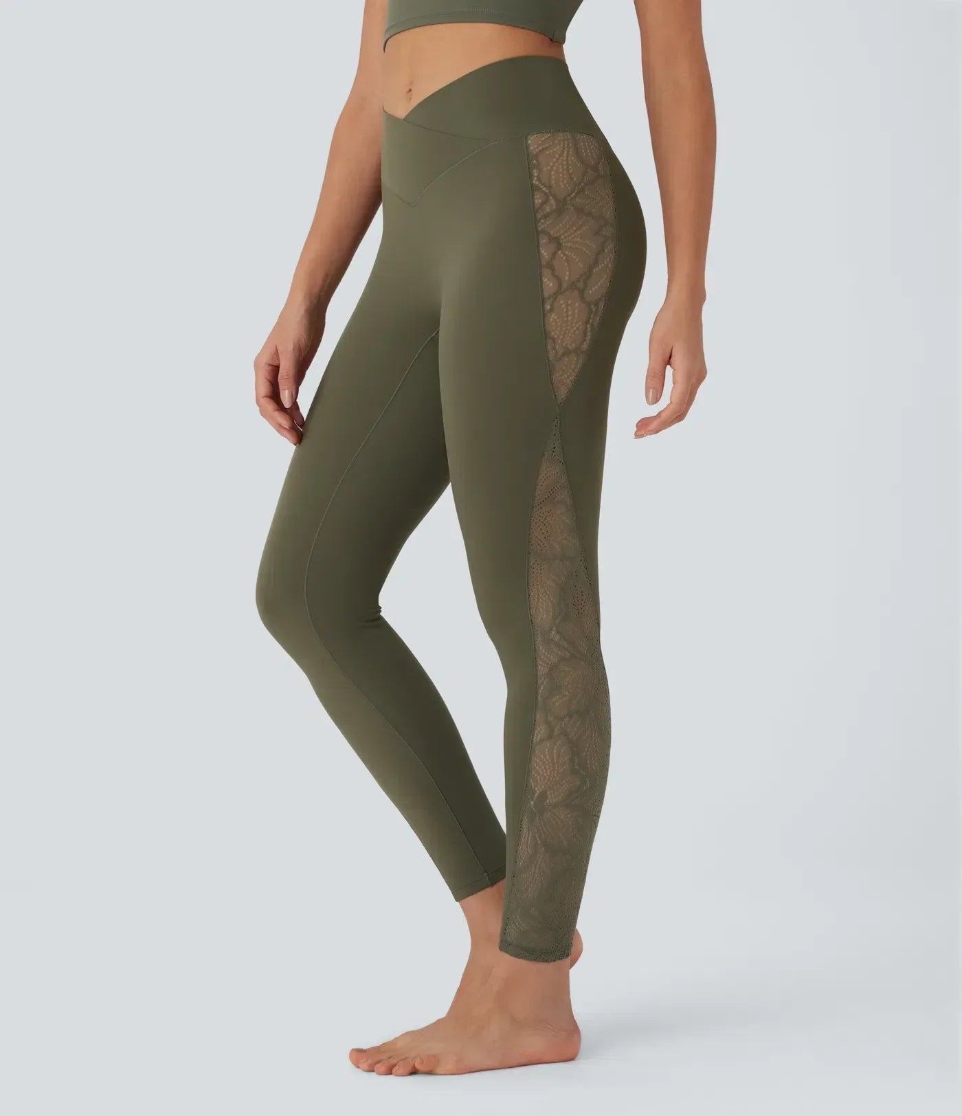SoftlyZero™ High Waisted Crossover Contrast Lace Pocket Yoga Leggings-UPF50+