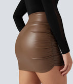 High-Waisted Tummy Control Ruched 2-in-1 PU Mini Bodycon Skirt