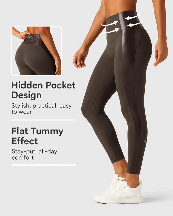 High Waisted Stretchy PU Tummy Control Yoga Leggings with Pocket