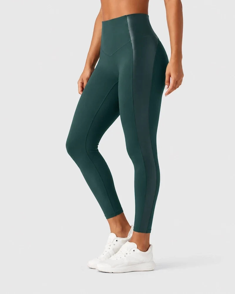 High Waisted Stretchy PU Tummy Control Yoga Leggings with Pocket