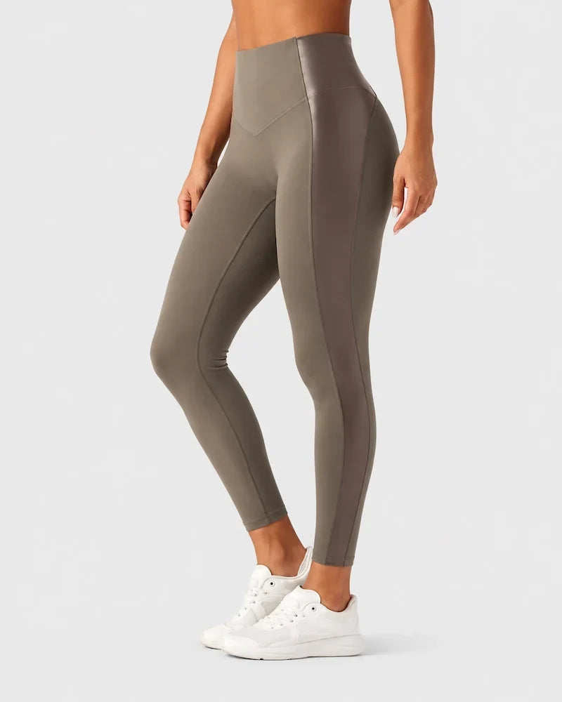 High Waisted Stretchy PU Tummy Control Yoga Leggings with Pocket